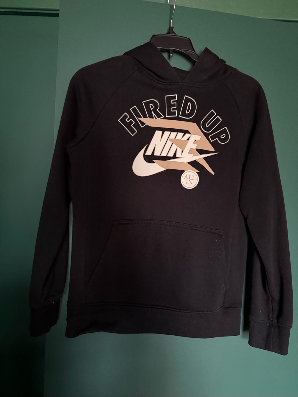 Nike Boy’s Black Crewneck Hoodie with Beige 'Fired Up' Logo